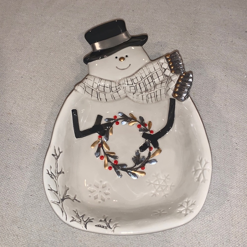 Fitz and Floyd Snowman Dish - White, Black, Gold Accents